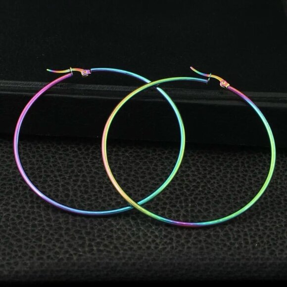 NWT Large Hoop Earrings Titanium Rainbow Steel Multicolor - Picture 1 of 11